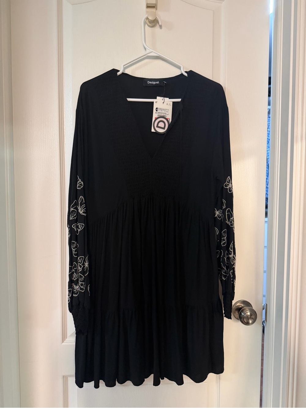 Desigual Black Long-Sleeve V-Neck Tiered Dress with White Sleeve Embroidery
